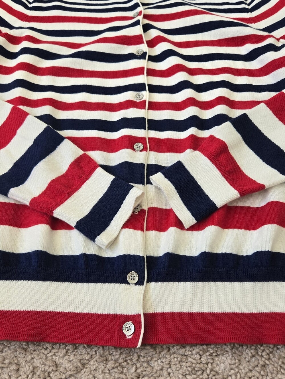 Lands' End Women's 6-8/ Small 100% Supima Cotton Red White Blue Stripe Cardigan - Picture 13 of 15